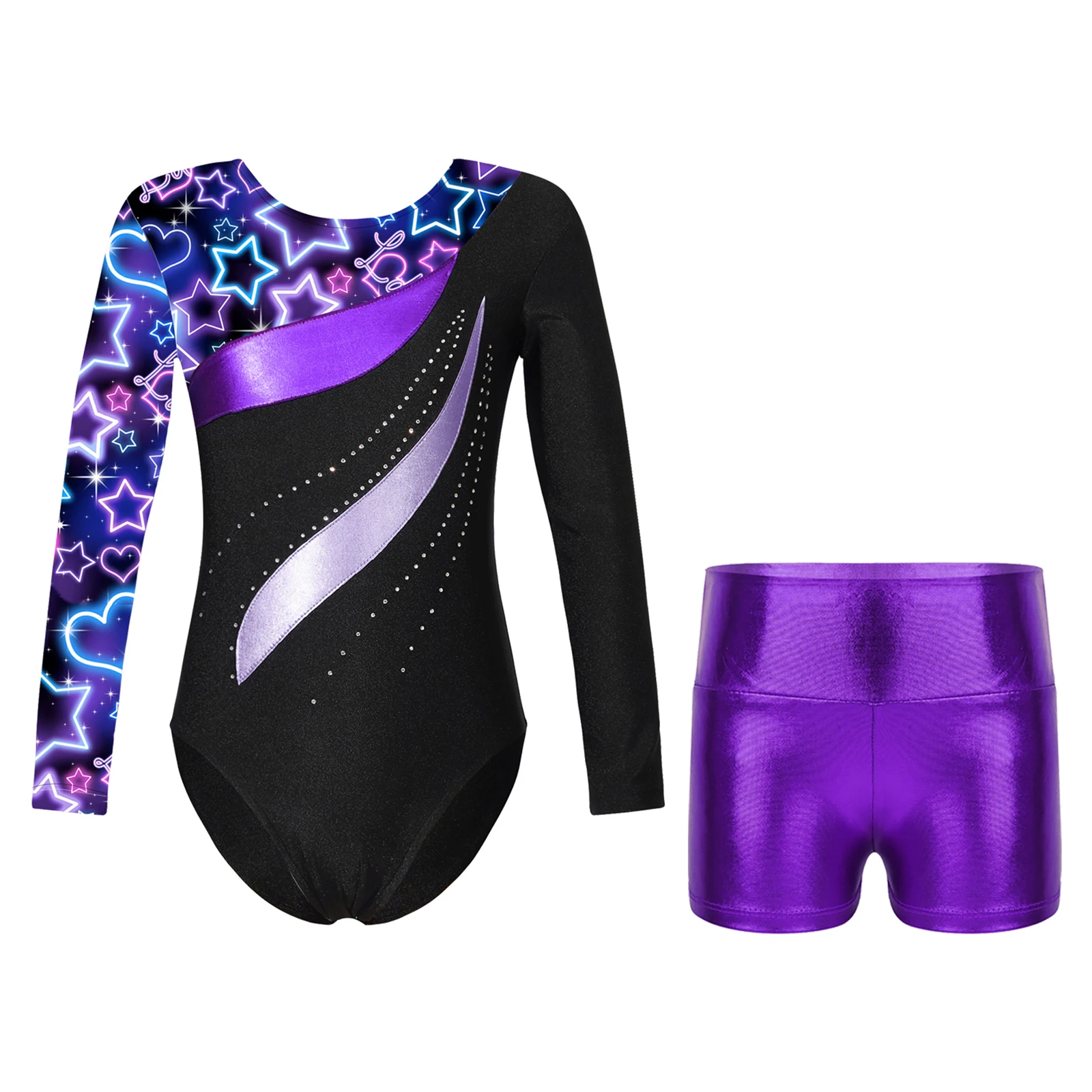 

Kids Girls Dance Set Long Sleeve Round Neck Printed Patchwork Leotard with Metallic High Waist Shorts for Gymnastics Performance