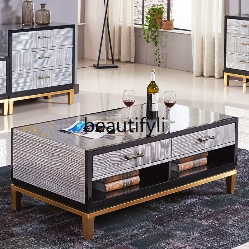 Light luxury Nordic modern simple baking paint gold-plated multi-functional living room solid wood coffee table