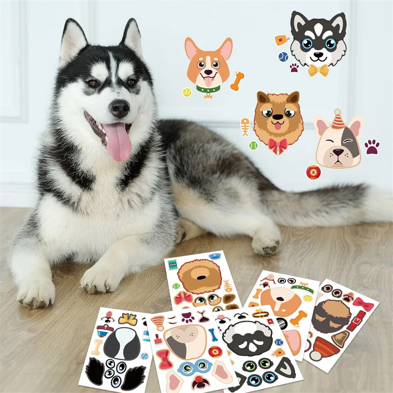 Funny Make A Dog Face Stickers for Kids 6/12/24 Sheets Cute Cartoon Create Your Own Pet Dog DIY Puzzle Stickers Children Gift