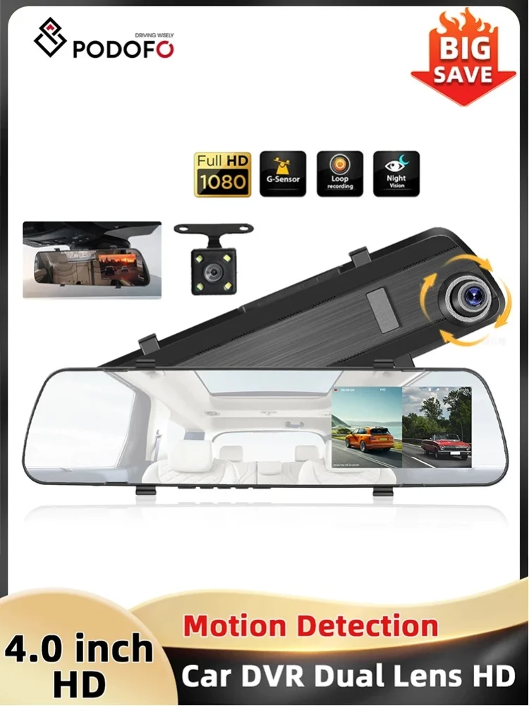 Podofo 4,0 " Dual-Lens Auto-Rückspiegelrekorder LCD-Bildschirm 1080P Auto-DVR Bewegungserkennung Schleifenaufnahme Rückfahrkamera Unterstützt TF-Karte