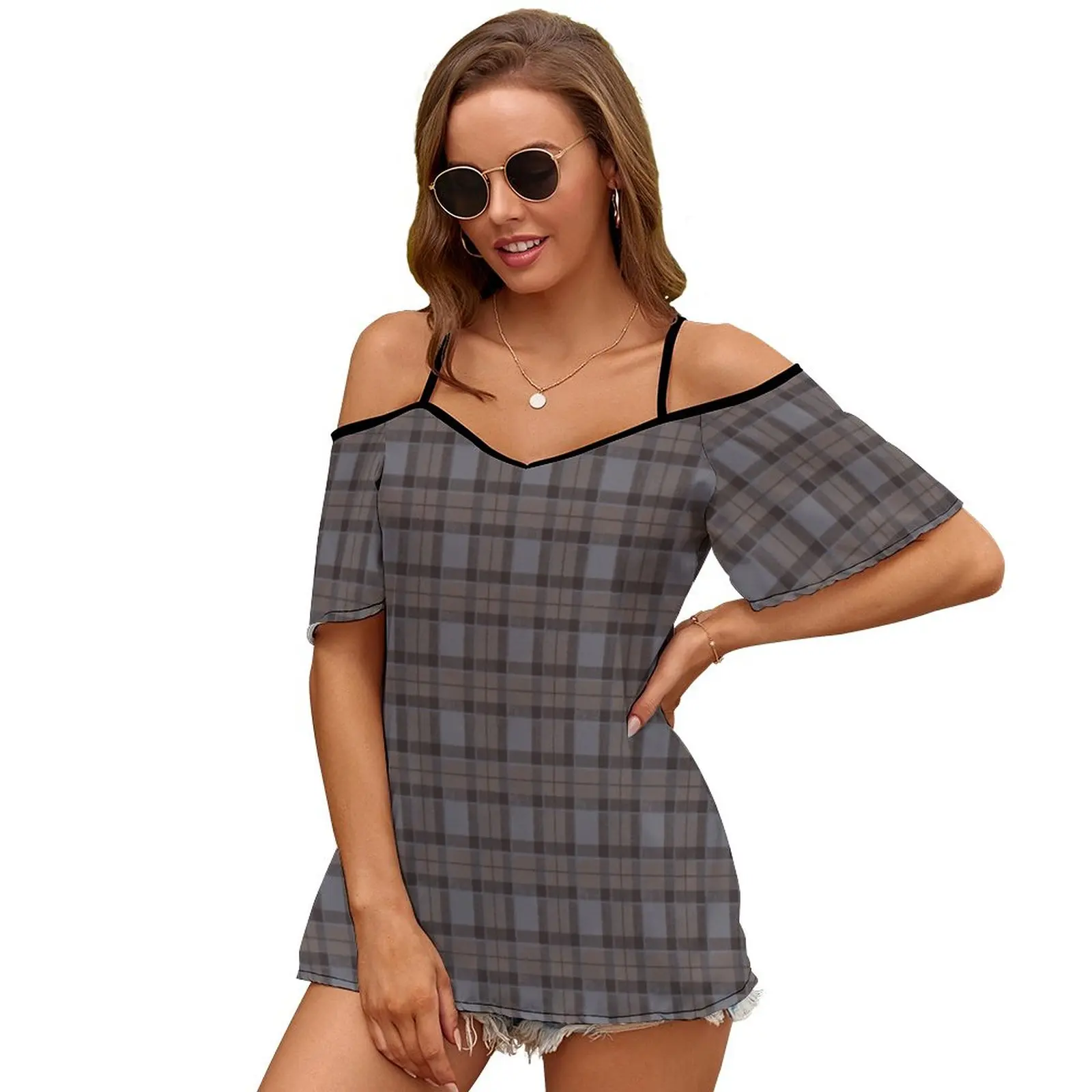 Outlander Tartan-Fraser Tartan 2443 Women Print T Shirt Casual Off Shoulder Loose Pullover Tops Fashion Clothes Outlander