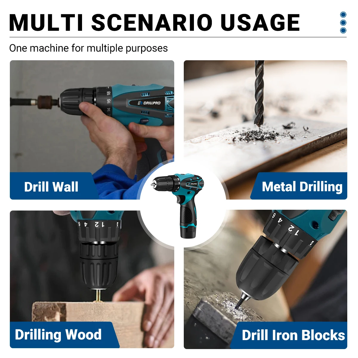 Drillpro 12MM 18+1 Torque Electric  Impact Drill Cordless Screwdriver With Lithium Battery Wireless Hand Drill DIY Power Tool