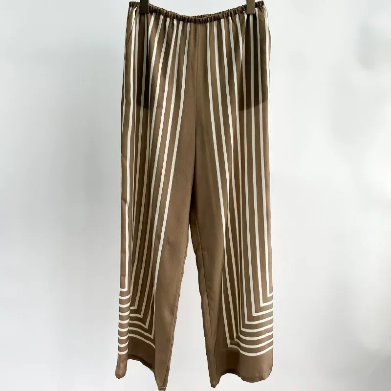 Fashion Casual Suit New Taupe Striped Silk Blouse Shirt Wide Leg Pants Sets Women