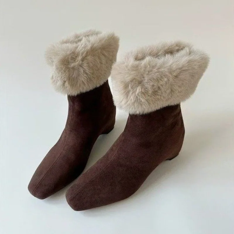 Women Suede Sheepskin Wedge Ankle Boots 2.5CM Real Rabbit Fur Two‑Way Wear Winter Warm Short Boots Black Brown Footwear - view 3