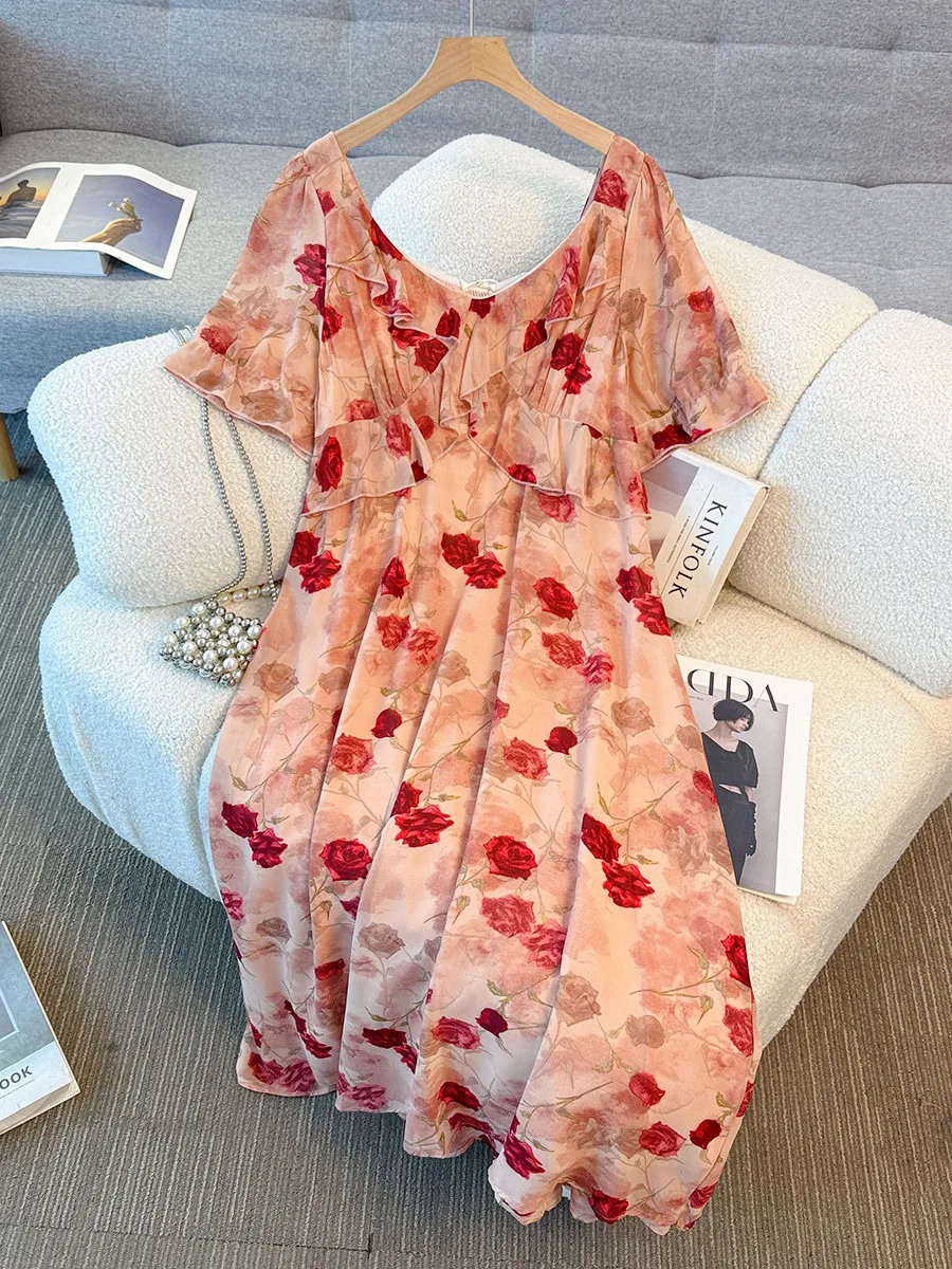 

150Kg Plus Size Women's Bust 149 Summer Short-Sleeved Floral Elegant Dress 5XL 6XL 7XL 8XL 9XL