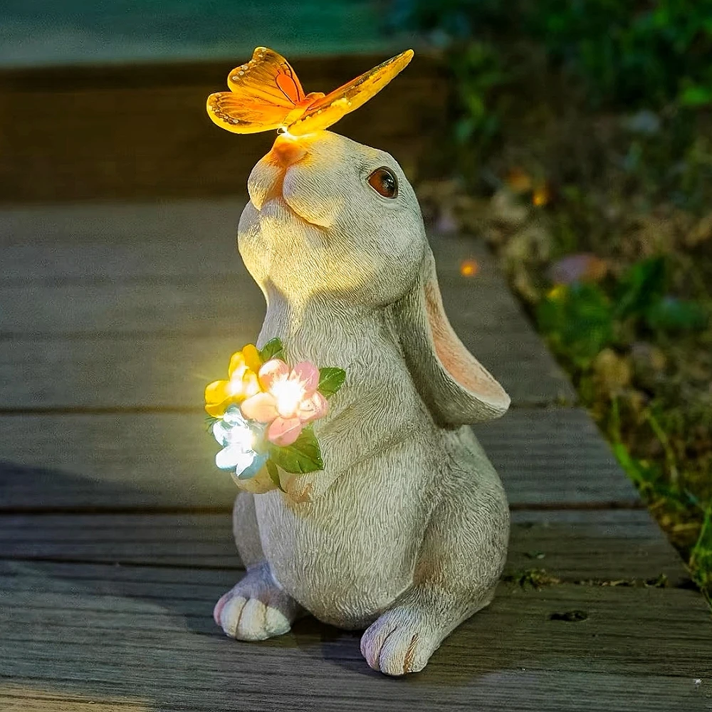 

Solar Bunny Statue Garden Decor with Butterfly LED Light Resin Animal Sculpture Figurine Outdoor Decoration for Garden Courtyard