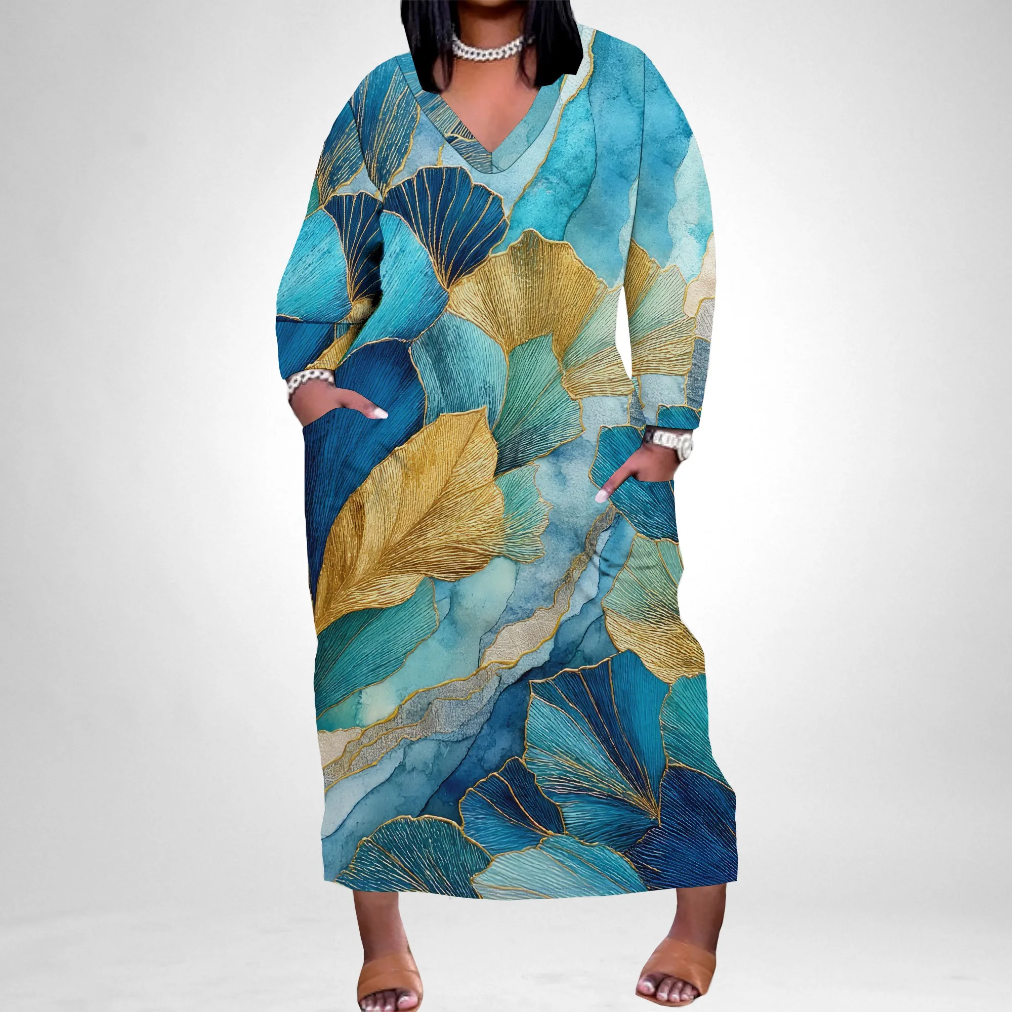 

Nupusa Blue Gold Ginkgo Leaf Print Dress for Women Plus Size Casual V Neck Long Sleeve Maxi Dress