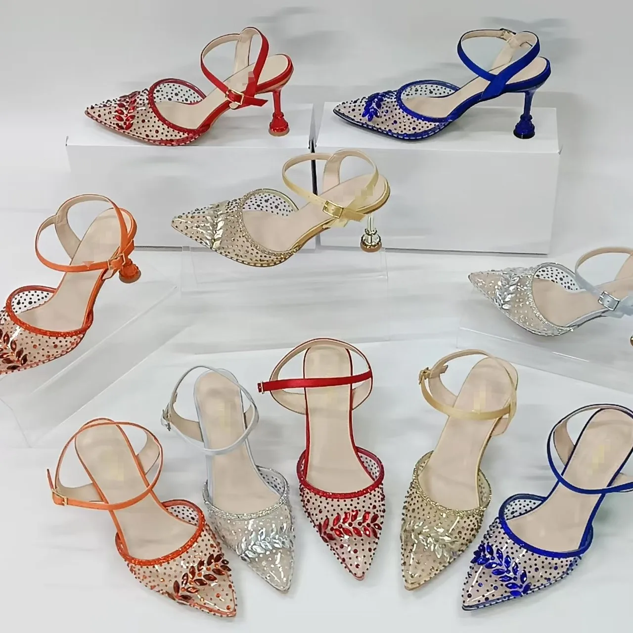 2026 Orange Transparent Mesh Rhinestone Slingback Pumps Gradient Crystal Pointed Toe Mid Heel Sandals Elegant Formal Dress Shoes view 4