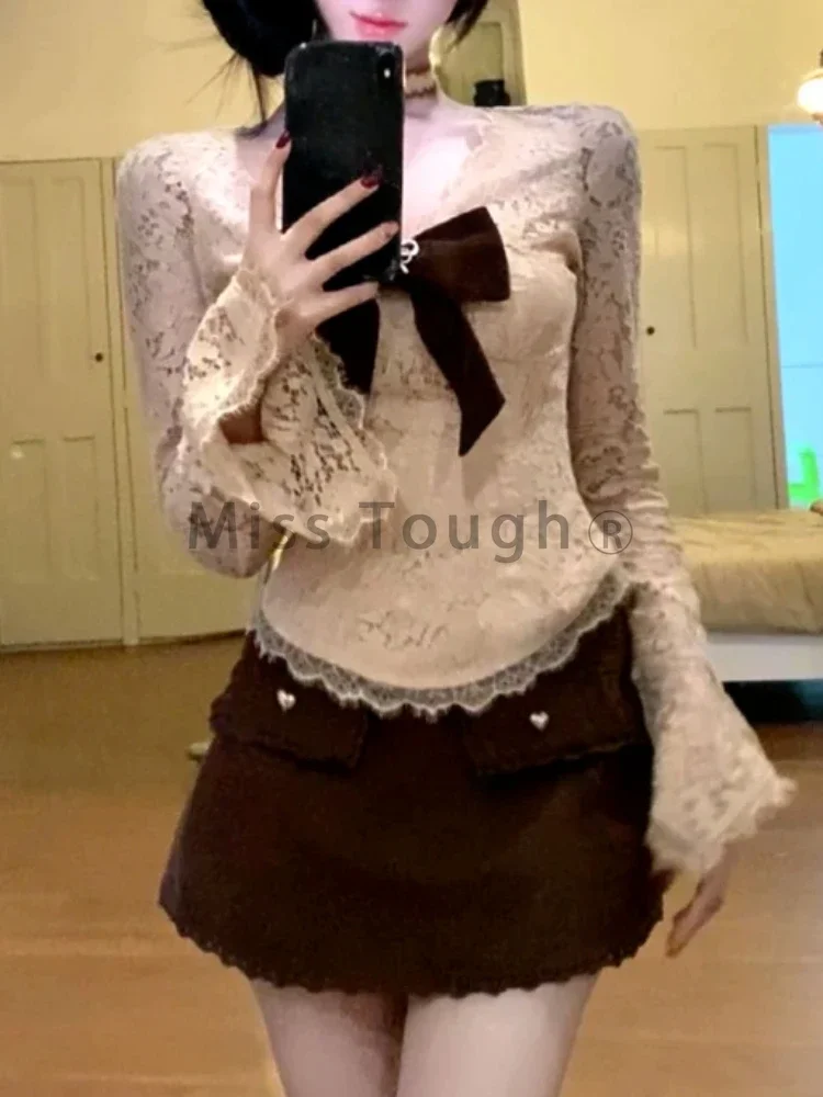 Y2k Sexy Lace New 2 Piece Set Women Korean Sweet High Street Skirts Suit Female V-neck Bow Tops + Brown Mini Skirt 2024 Winter