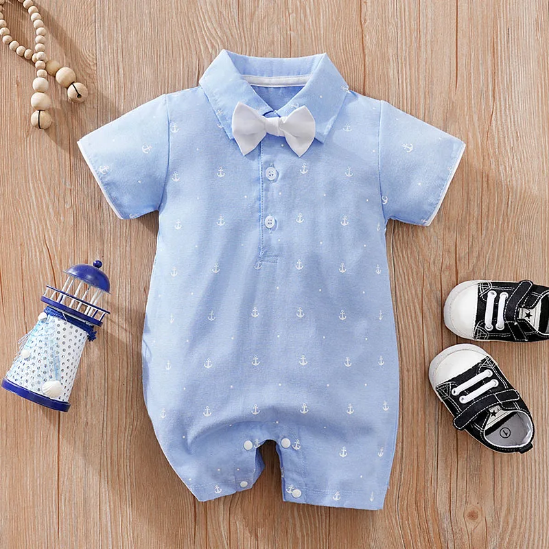 Summer Newborn Boys And Girls Cute Bow Sea Anchor Full Print Comfortable Cotton Short Sleeve Jumpsuit