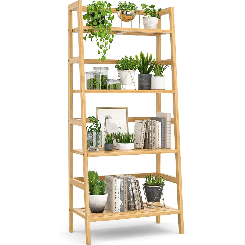 Bamboo Bookshelf 4-Tier Ladder Shelf, 49.2” Freestanding Open Bookcase Book Shelf Bathroom Storage Shelf Unit Plant Stand