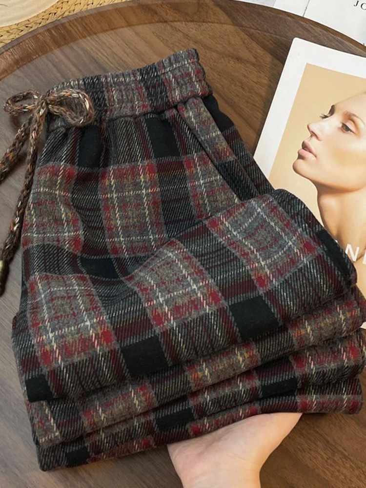 Ropa de calle Retro, pantalones a cuadros para mujer, pantalones rectos holgados de Hip Hop con cordones, pantalones de pierna ancha informales Vintage Harajuku Bf de cintura alta