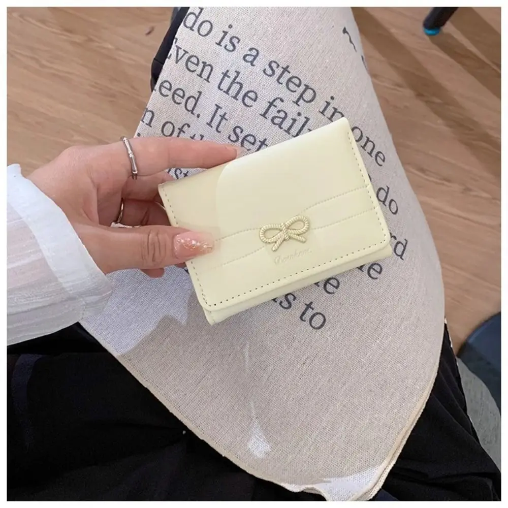 Cute Bow Tri-fold Short Wallet PU Multiple Card Positions Card Holder Multifunctional Three Fold Purse