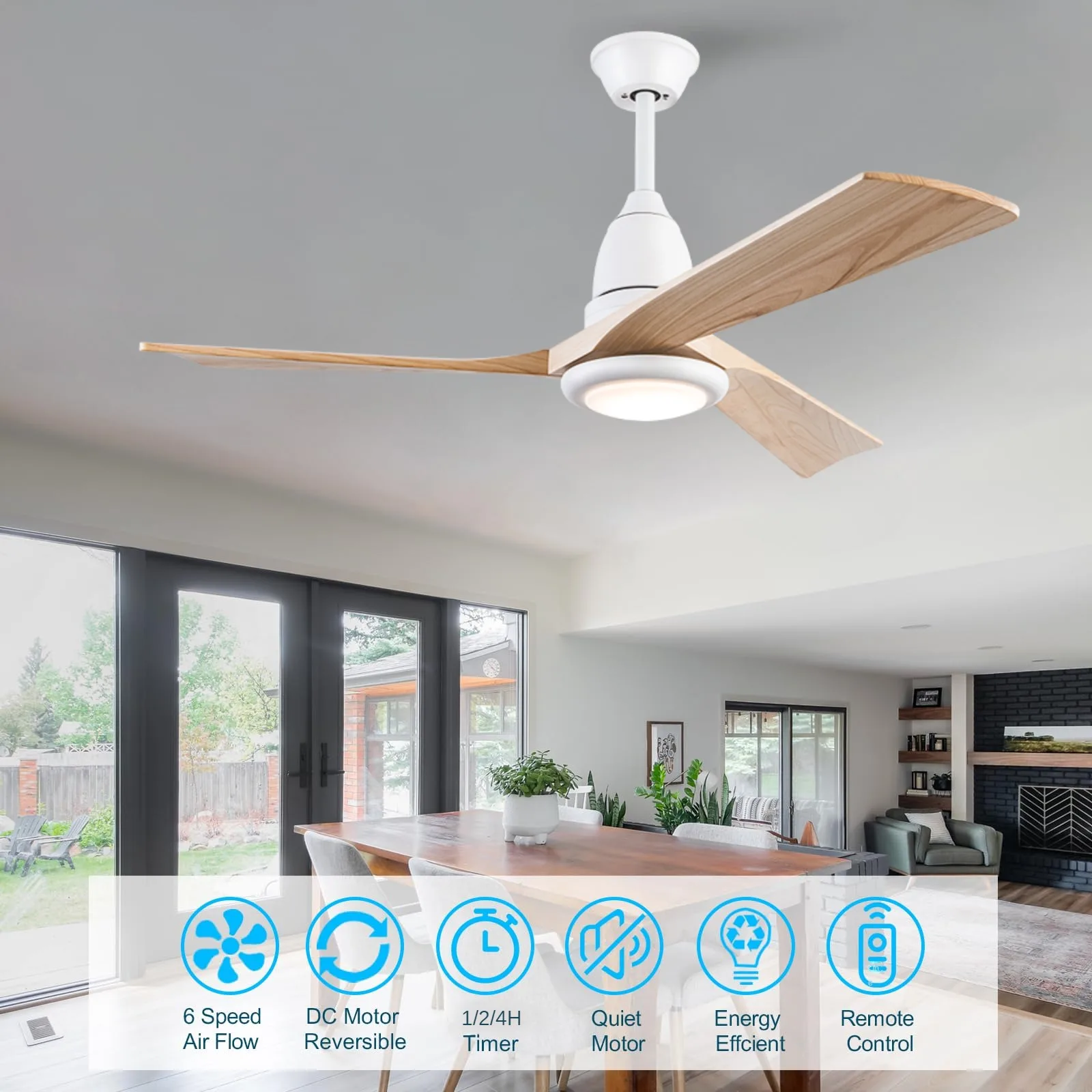 

Nordic Ceiling Fan with Light Modern Simple Living Room Bedroom 3 Wood Blade DC Motor Noiseless Ceiling Fan with Remote Control