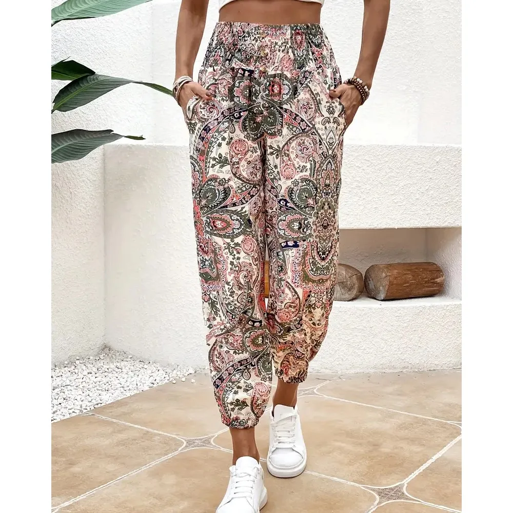 

2024 Spring Pencil Pants Women Commuting Vintage New Floral Print Drawstring Long Pantalones For Female's Casual Daily Trousers