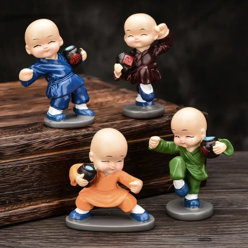 Creative Kung Fu Dolls Table Car Ornaments 4Pcs/lot Resin Crafts Gift Lovely Little Monk Sculptures Cute Monks Buddha Statues