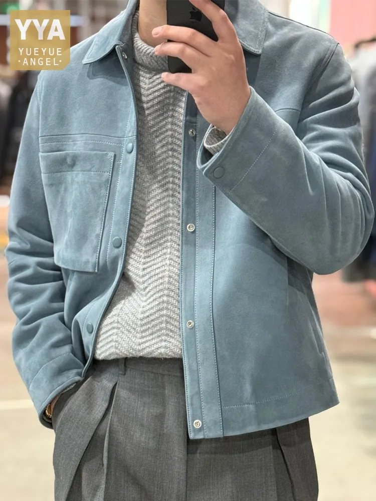 Fashion Handmade Genuine Leather Single Breasted Lapel Bomber Jacket Leisure Men Sheepskin Solid Color Suede Pocket Coat