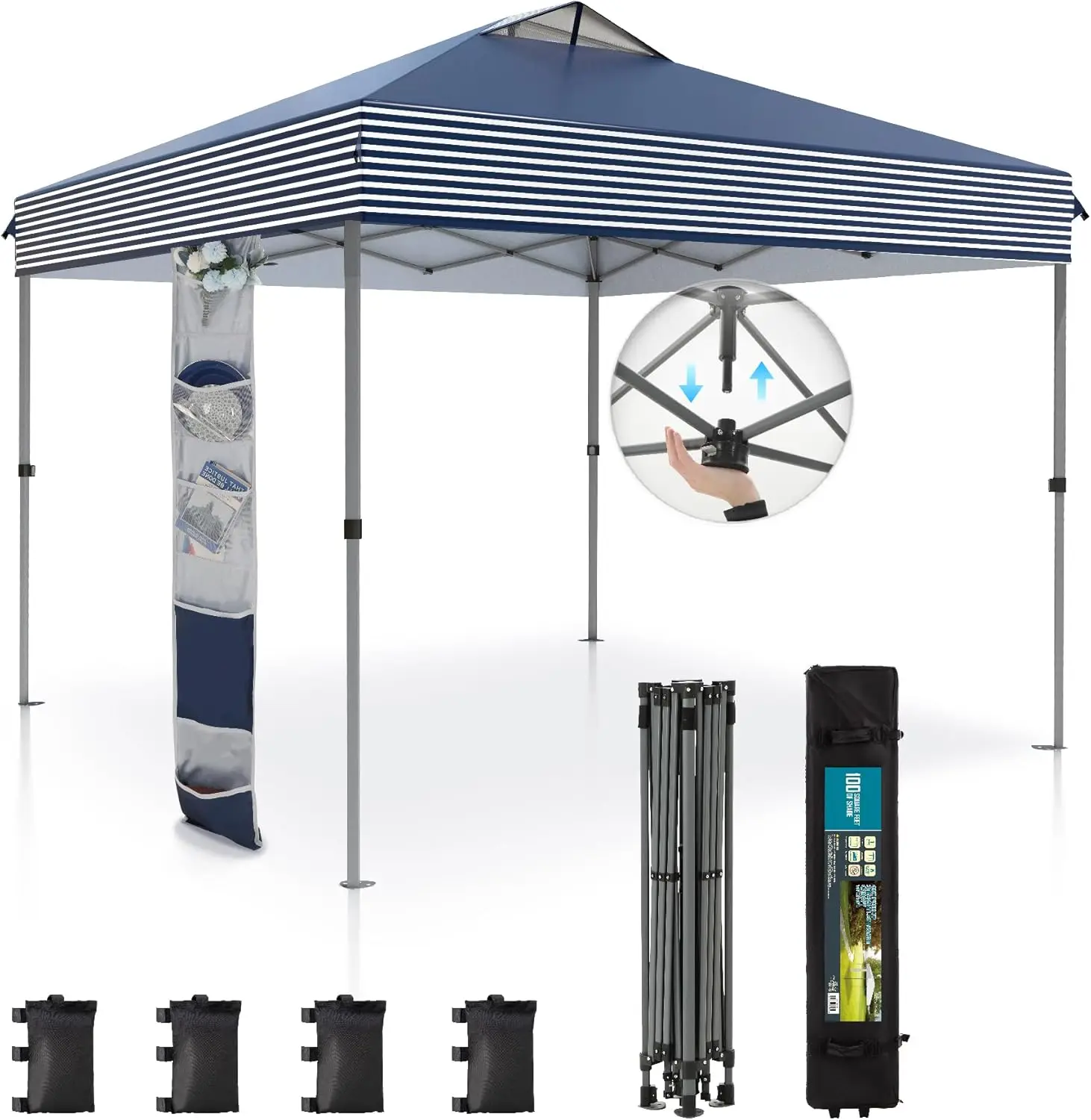 

Canopy Tent Pop Up 10x10 ft One Person Push Set Up Tent, Outdoor Canopies Shelter Heavy Duty Straight Legs with 4 Sandbags &