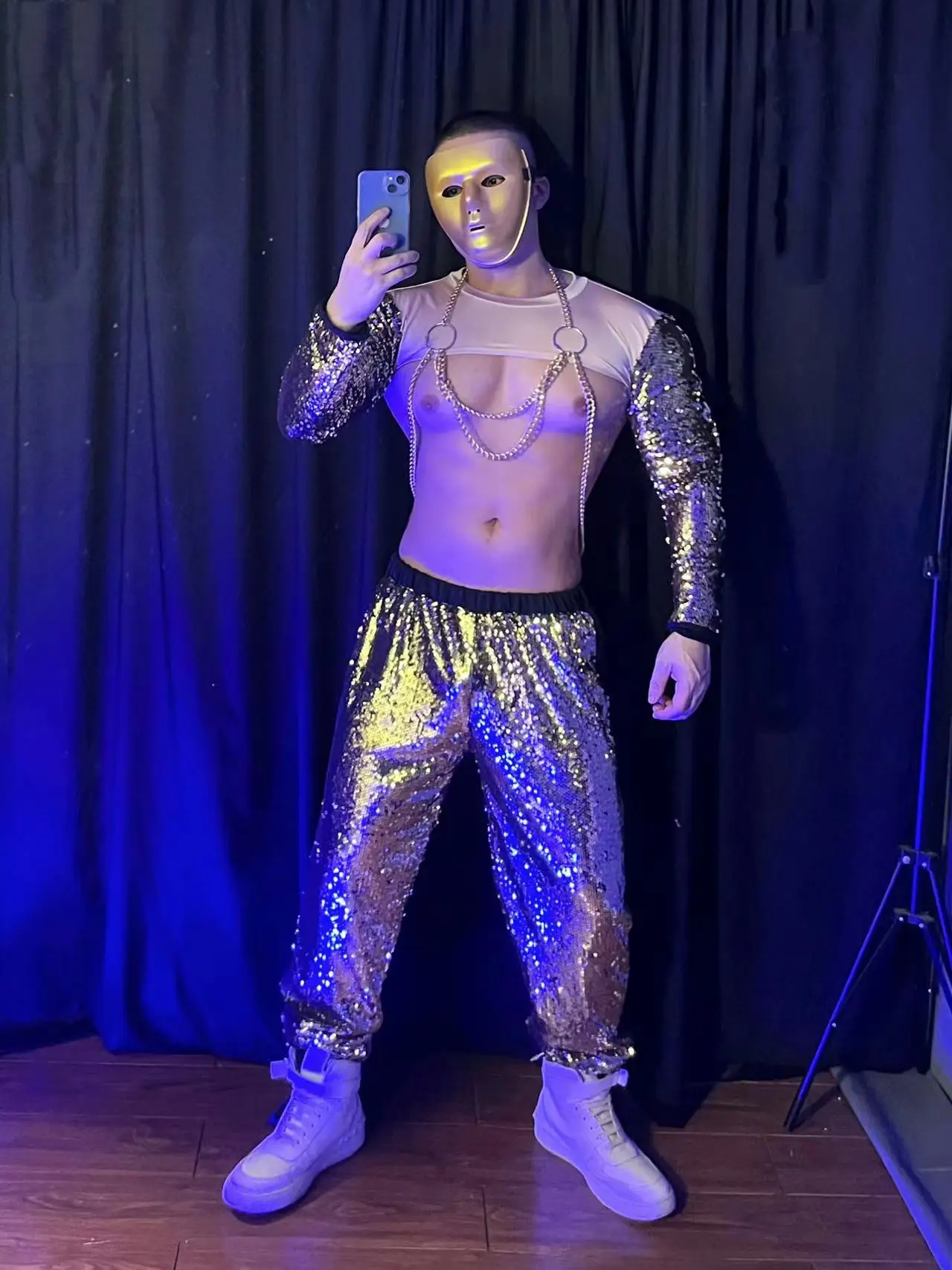 골드 스팽글 탑 팬츠 공연 의상 클럽 파티 쇼 레이브 의상 남성 섹시 무대 의상 나이트클럽 바 DJ 댄서 고고 코스튬