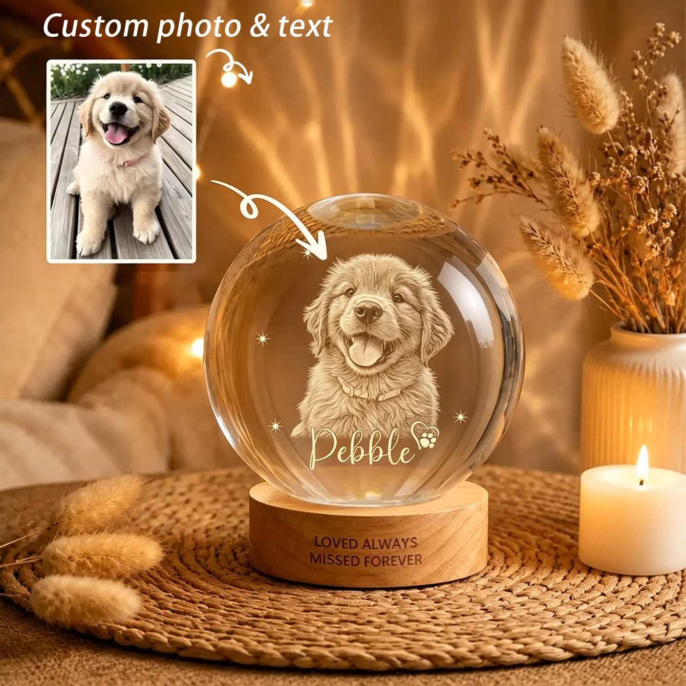 Personalized pet memorial crystal ball with name, dog pet portrait, pet loss crystal ball, customizable with photos and text, pet memorial gift, suitable for dogs and cats, personalized pet memorial c