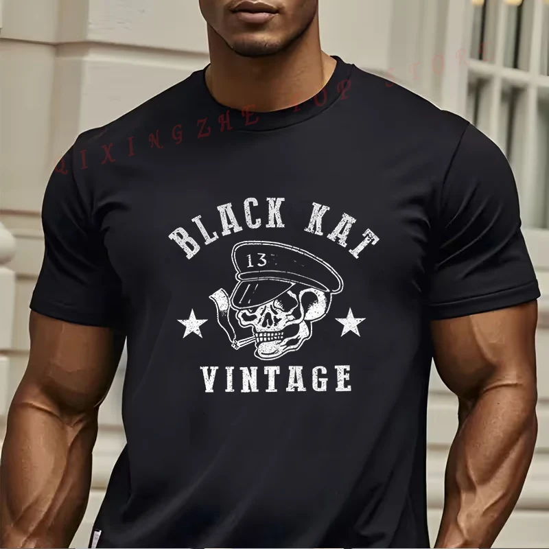 Nice Moto Skull Black Kat Vintage T-shirt Funny Present For Men's Short Sleeve TShirts O-neck Top Tees