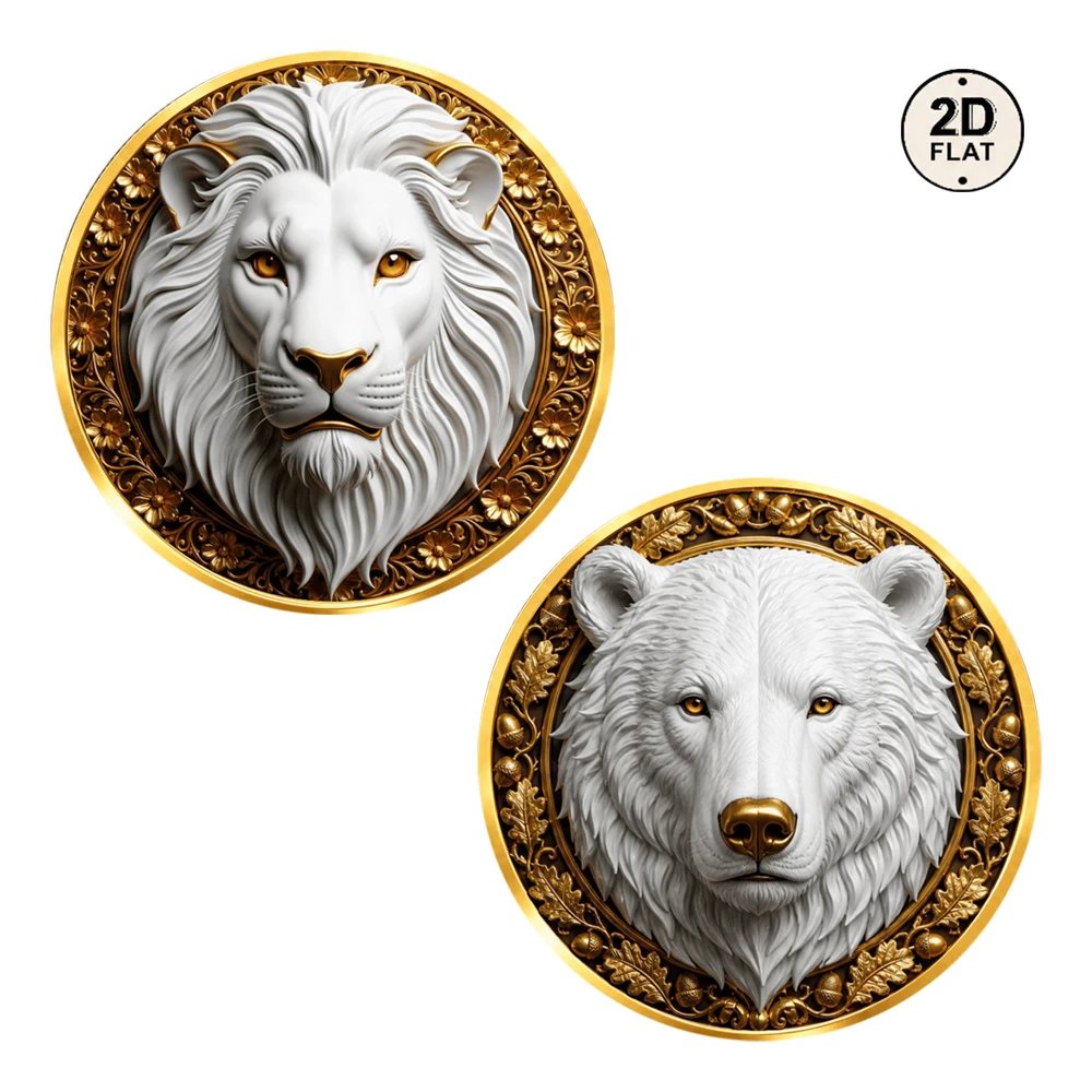 1pc Majestic Lion & Polar Bear Metal Challenge Coin Wild Animal 2D Color Print Commemorative Medal Collectible Gift for Ffriends