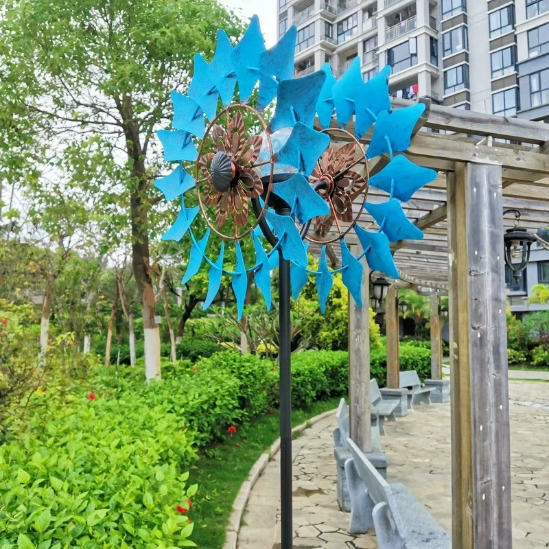 Double Layer Petal Wind Spinner Metal Stake Ornament Wind Driven Rotatable Outdoor Garden Yard Landscape Decor Craft Two Tone
