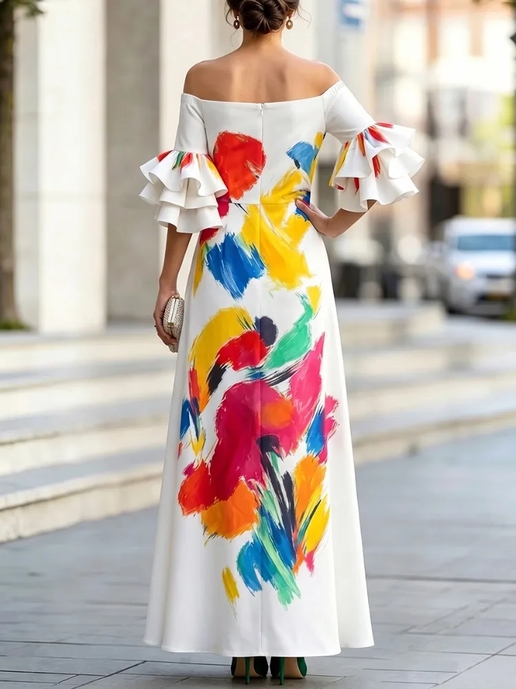 Yeezzi Women's Fashion Colorful Printed Off‑Shoulder Maxi Dress 2026 New Elasticity Ruffle Sleeves Elegant Party Evening Dresses