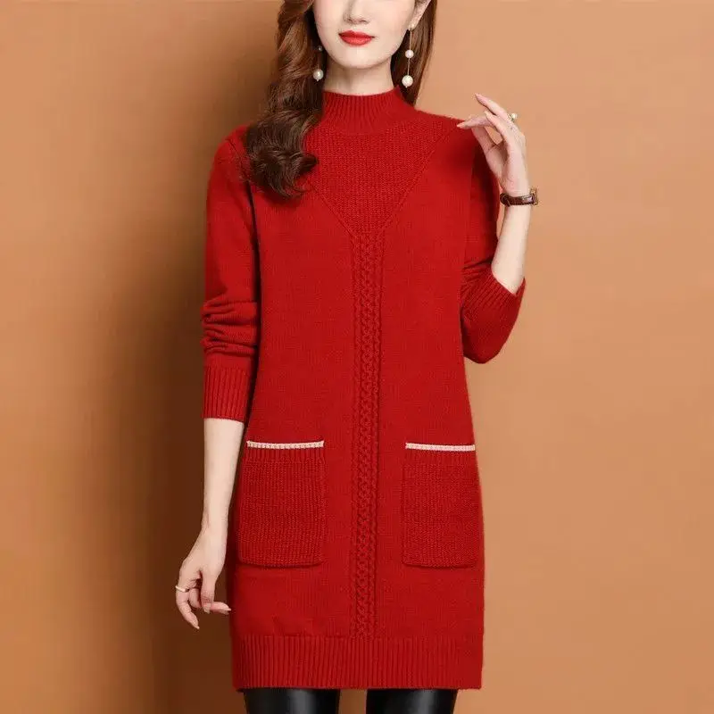 

Winter Solid Color Pocket Shirt Women Half High Neck Loose Pullover Knitted Base Mid-length Sweater Skirt