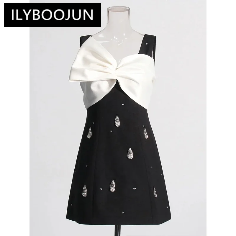 

ILYBOOJUN Colorblock Spiced Bowknot Dress For Women V Neck Sleeveless High Waist Patchwork Diamonds Elegant Dresses Female