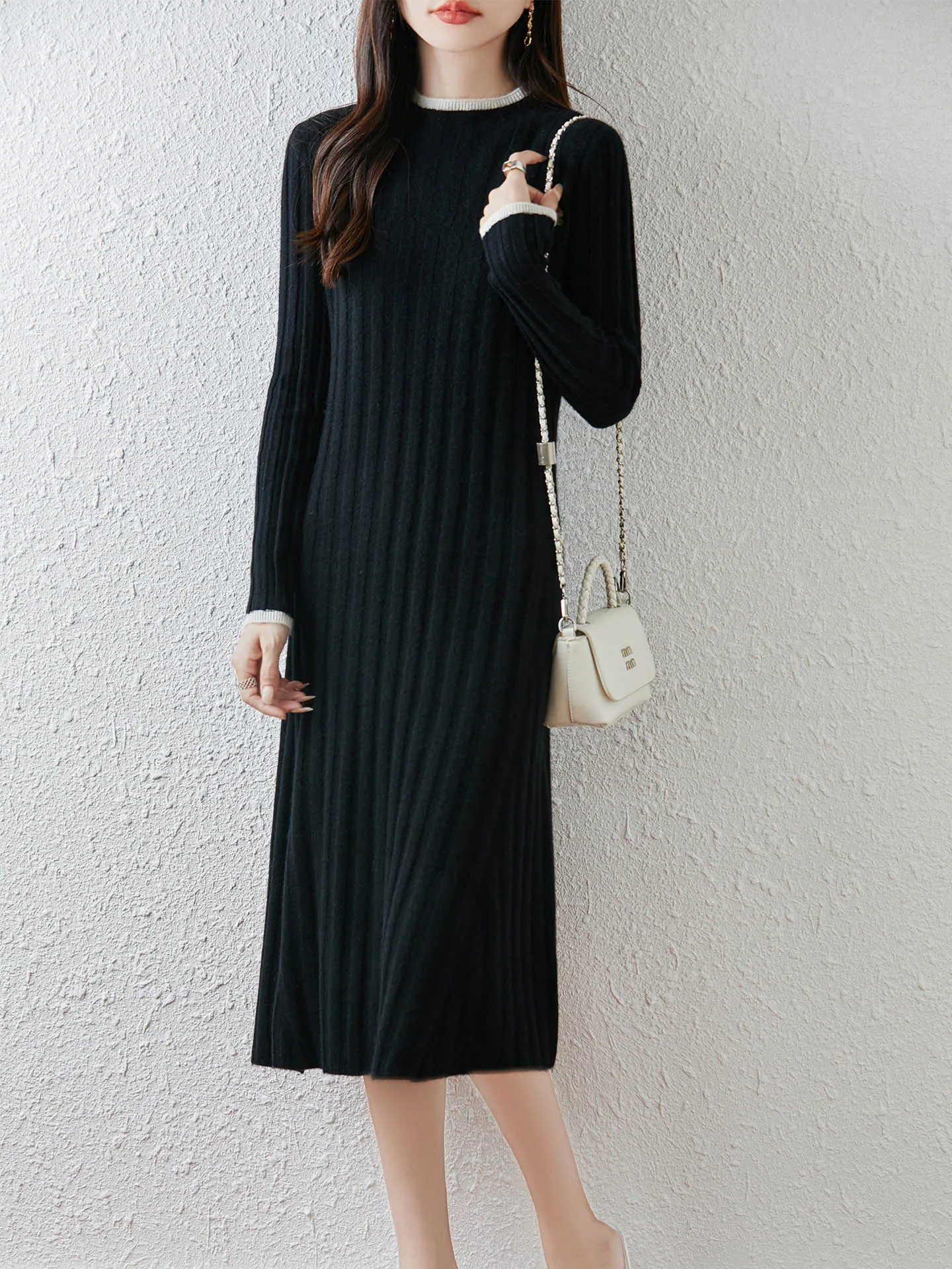 100% Merinowol Dames Lange Ronde Hals Trui Jurk Herfst Winter Casual Mode Zachte Kasjmier Gebreide Jurk