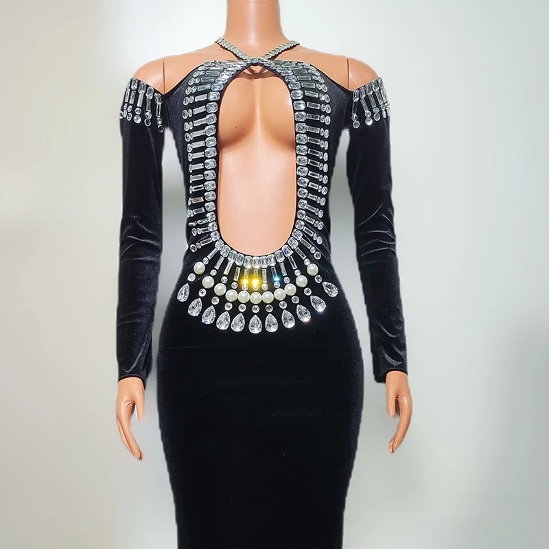 2025 Women Luxury Designer Sexy Cut Out Long Sleeve Crystal Maxi Long Velvet Dress Celebrity Evening Club Party Gala Gowns