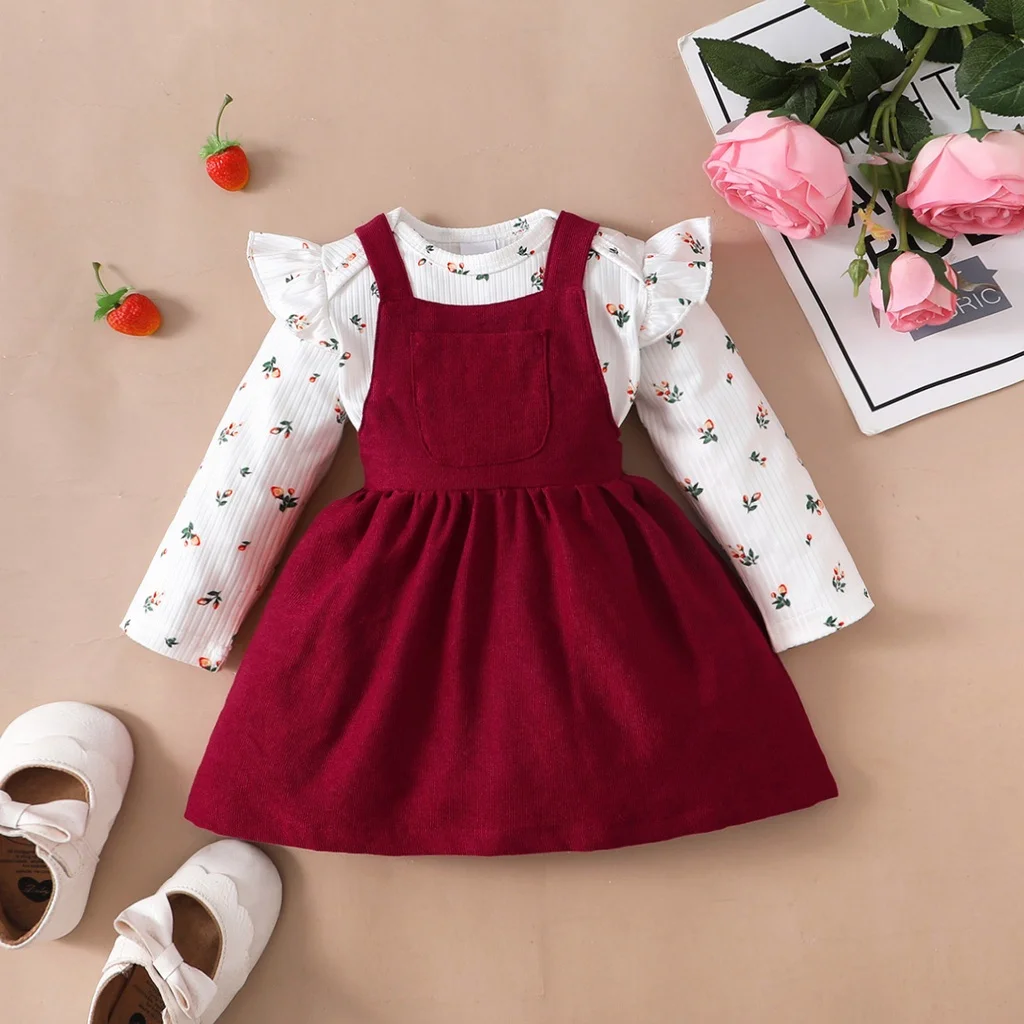 2PCS Newborn Baby Princess Dress Ruffle Long Sleeves Bodysuit+Red Strap Skirt for 0-18 Months Infant Girl Birthday Party Outfits