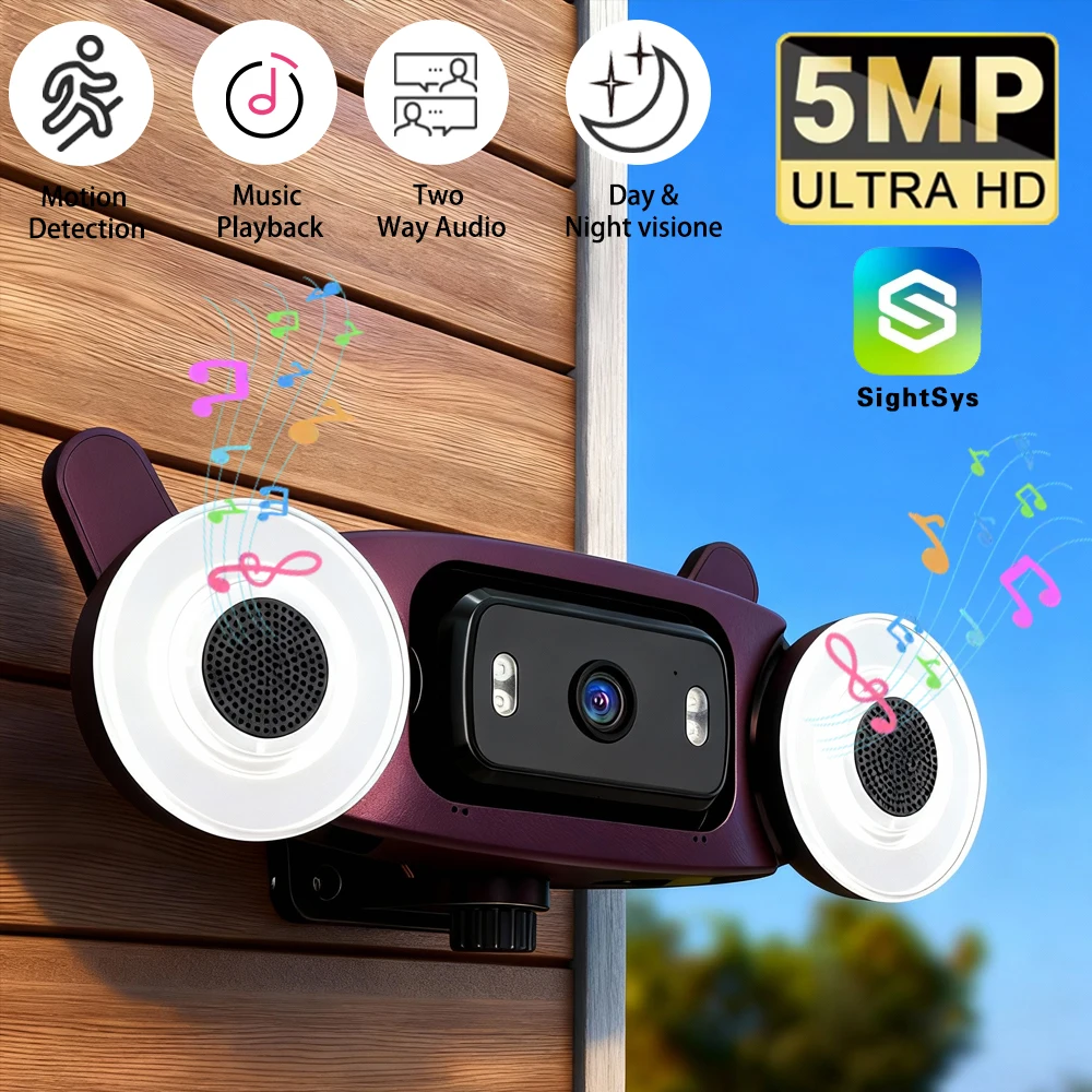 

2K 5МП Wi-Fi камера с прожектором для наружного использования, водонепроницаемая, с функцией видеонаблюдения, музыкальным плеером, обнаружением человека, сигнализацией, двусторонней аудиосвязью, IP-камера