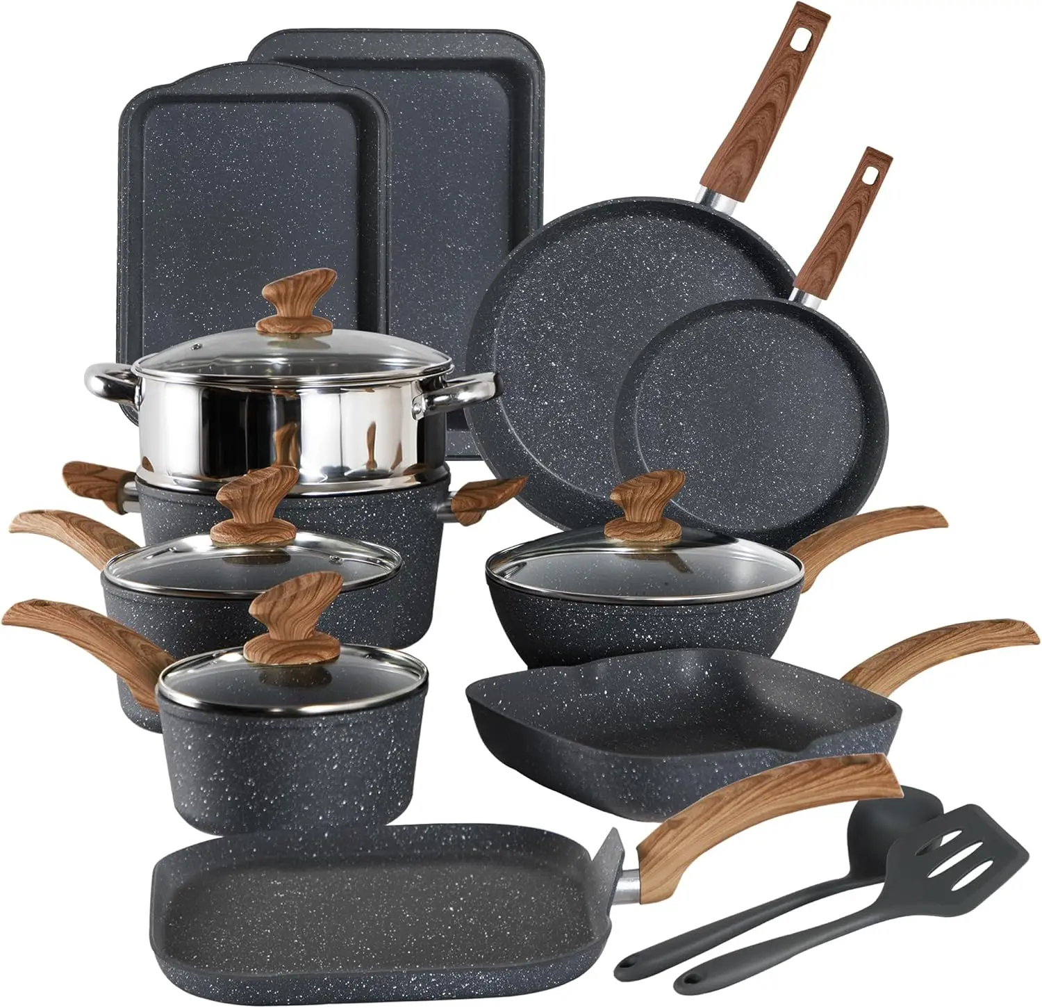 Academy Induction Cookware Set-17 Piece Non-stick Cooking Pan Set, Black Granite Pots and Pans Set