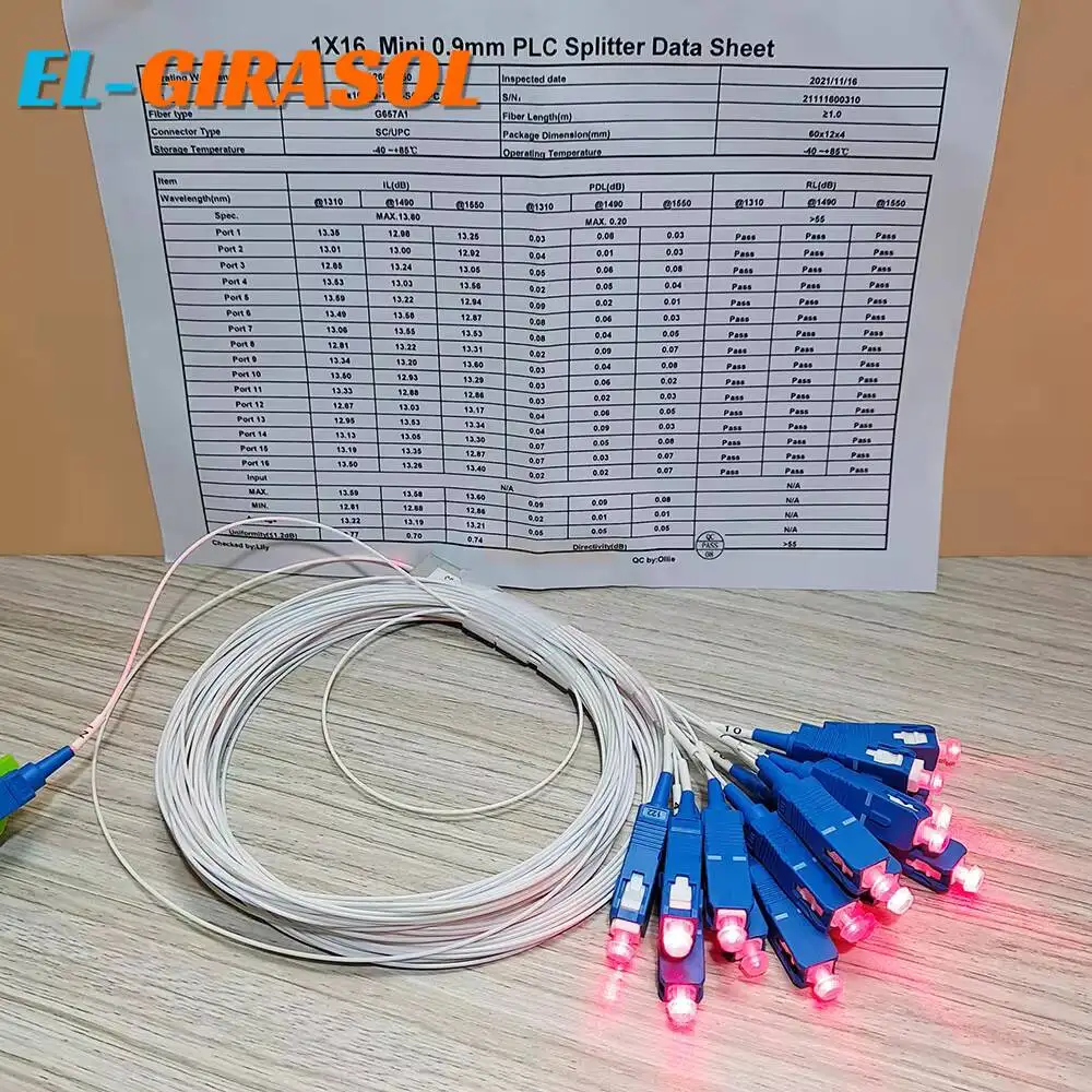 1x16 SC UPC Single Mode PLC Fiber Splitter G657A1 0.9mm PVC 1M Cable FTTH Optical Splitter Available 5/10/20pcs Per Lot