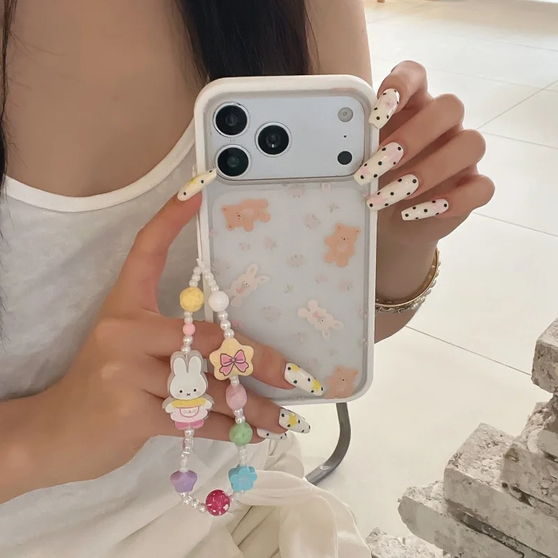 

Korean Cute Flower Bear Painting Phone Case For iPhone 17 Pro 16 15 Pro Max Cover with Chain Fashion Acrylic Hard Protective Cas