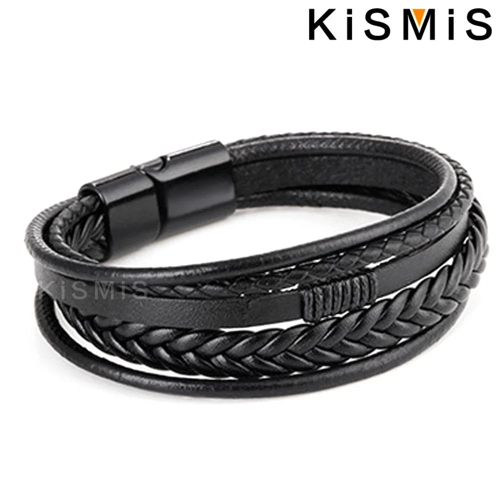 KISMIS 1PC Men's Multilayer Woven Leather Bracelet Birthday Gift Jewelry Accessories