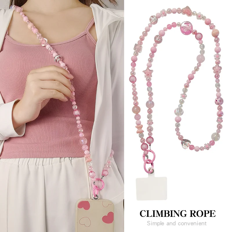 Long Crossbody Lanyard Star Hand String Round Bead Pendant Clip Type Antilost Lanyard Colorful Five Pointed Mobile Phone Lanyard