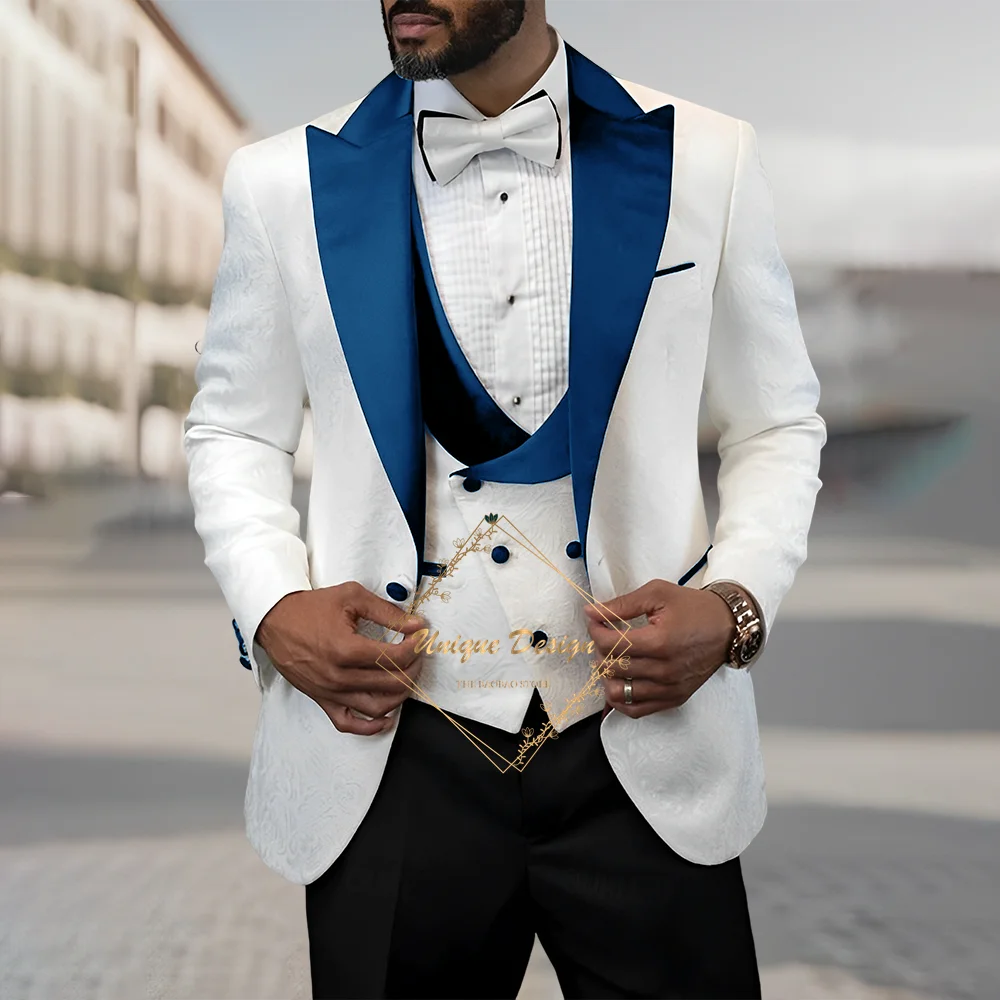 Elegant men's 3-pcs suit white jacquard jacket vest pants slim fit set for wedding groomsmen cocktail party gifts custom tuxedo