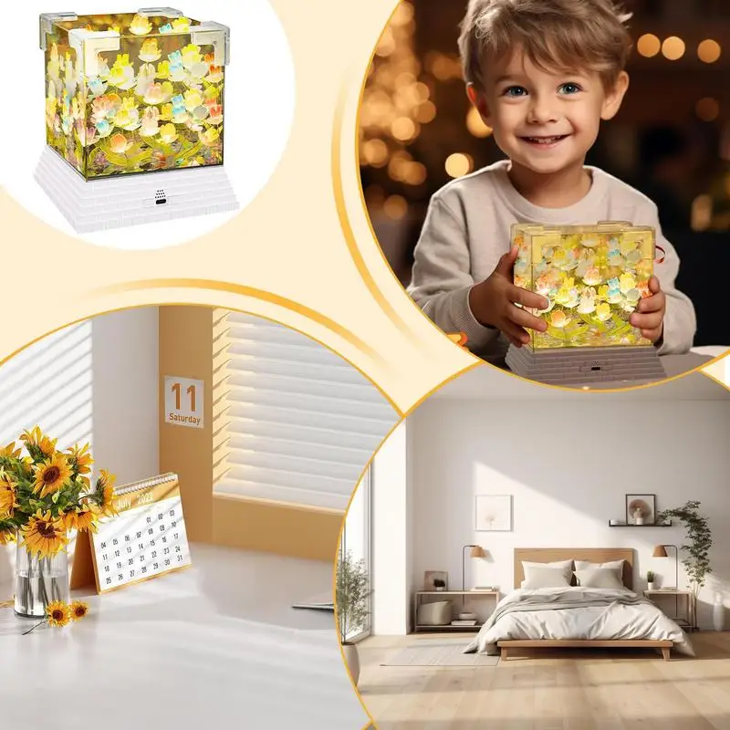 Lámpara de flores iluminada, lámpara de escritorio Floral, adornos, cubo, mesita de noche, luz decorativa de cristal LED, lámpara de ambiente nocturno creativa para