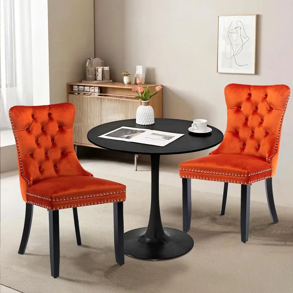 

Compact 31.5 Round Black Dining Table with 2 Orange Velvet Chairs for Small Spaces