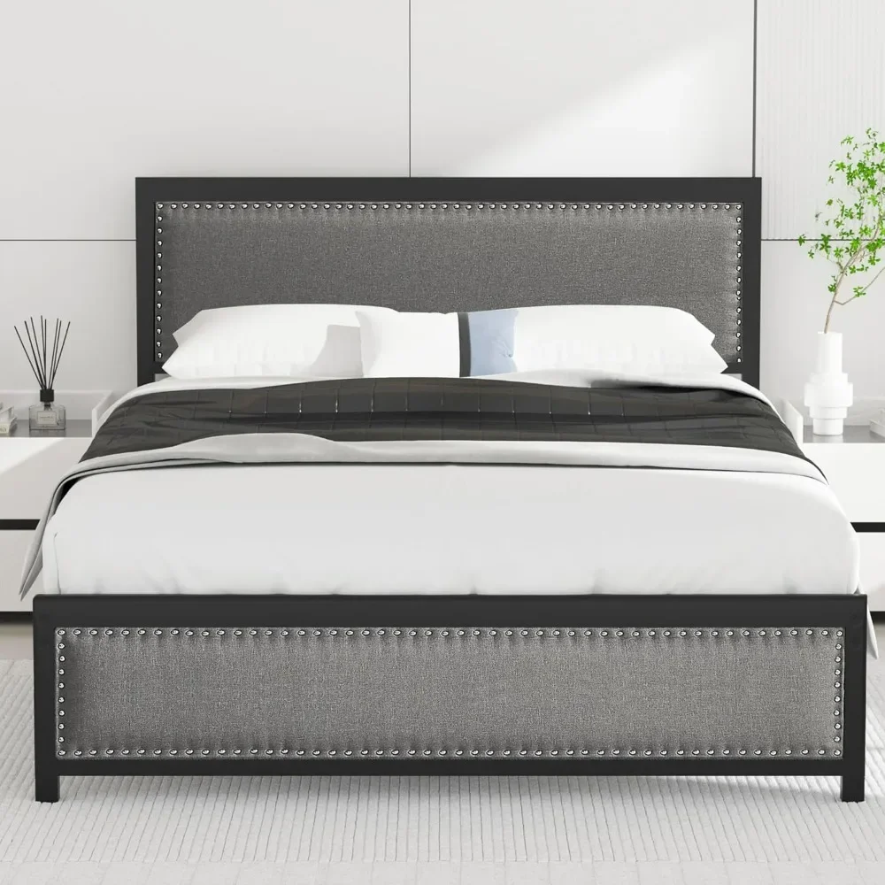 

bed.Queen Size Bed Frame with Linen Fabric Headboard and Footboard, Heavy-Duty Platform with Strong Steel Slats, No Box Spring