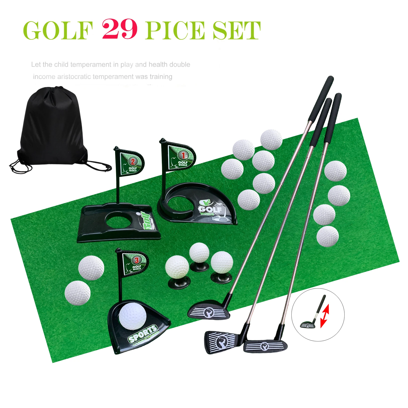 Latest Retractable Alloy Children\'s Golf Toy Play Set For Kids Toddlers Beginners  Practice Clubs Balls Holes Green Target Games