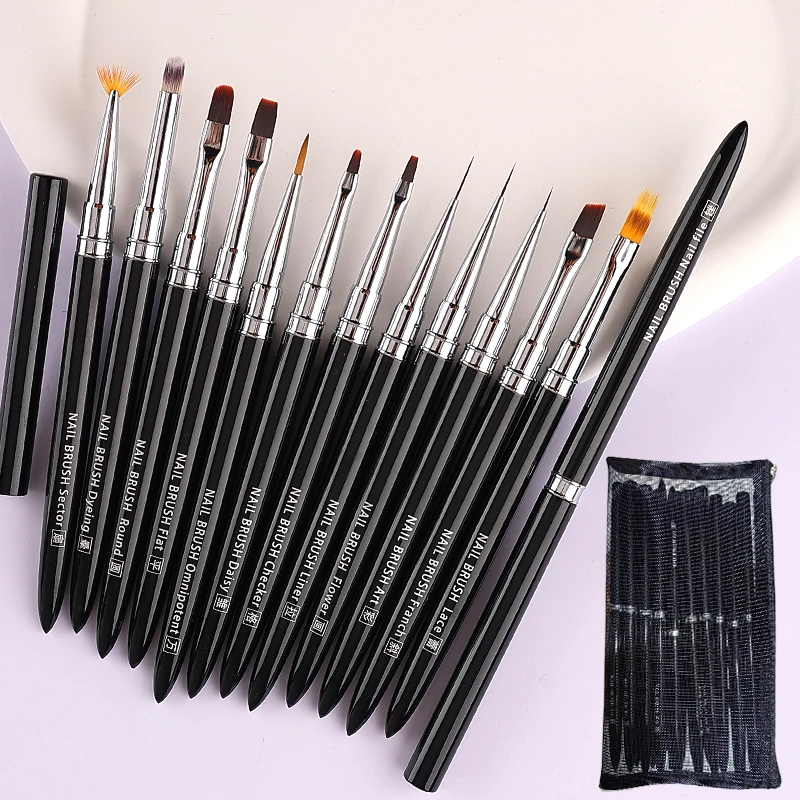 1/15 stücke Nail art Pinsel Set UV Gel Verlängerung Zeichnung Carving Schwarz Metall Stange Pinsel Set von Kunst/funktionale/Liner/Spitze Pinsel Werkzeuge