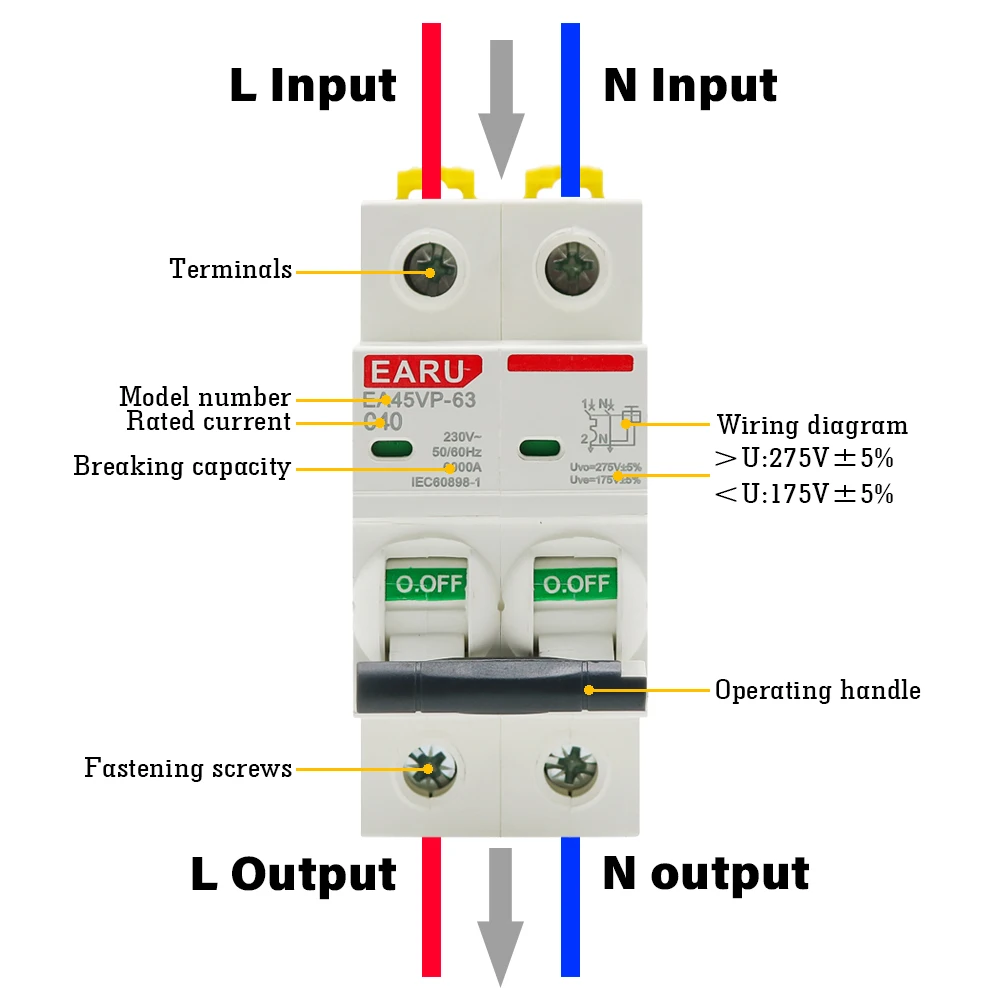 AC MCB C Type 230V 50/60HZ Mini Circuit Breaker Overvoltage and Undervoltage Protection 6A 10A 16A 20A 25A 32A 40A 50A 63A 1P+N