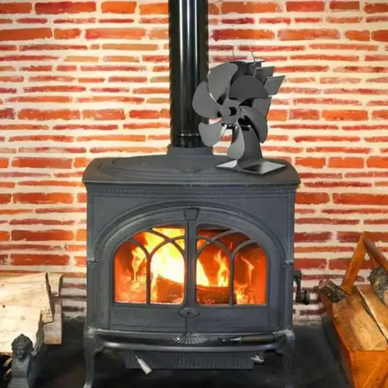 Standing 6-Blade Furnace Fan Thermal Fireplace Fan No Electricity Wireless Low-Noise Wood Burner Aluminum Alloy Ecological Fan