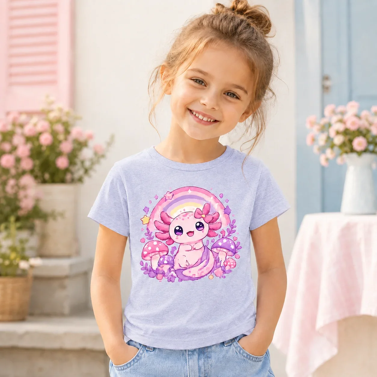Mädchen-Axolotl-T-Shirt mit niedlichem Aquarell-Regenbogen-Pilz-Print, Baumwoll-T-Shirt für Kleinkinder, kurzärmelig, lässige Kinder-Oberteile für den Sommer. – Detail 4