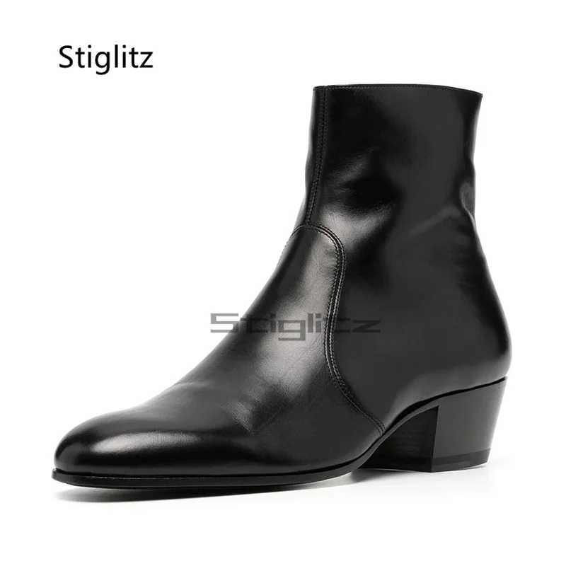 Black Genuine Leather Ankle Boots for Men Pointed Toe Chelsea Boots British Style Med Heel Business Dress Wedding Male Shoes