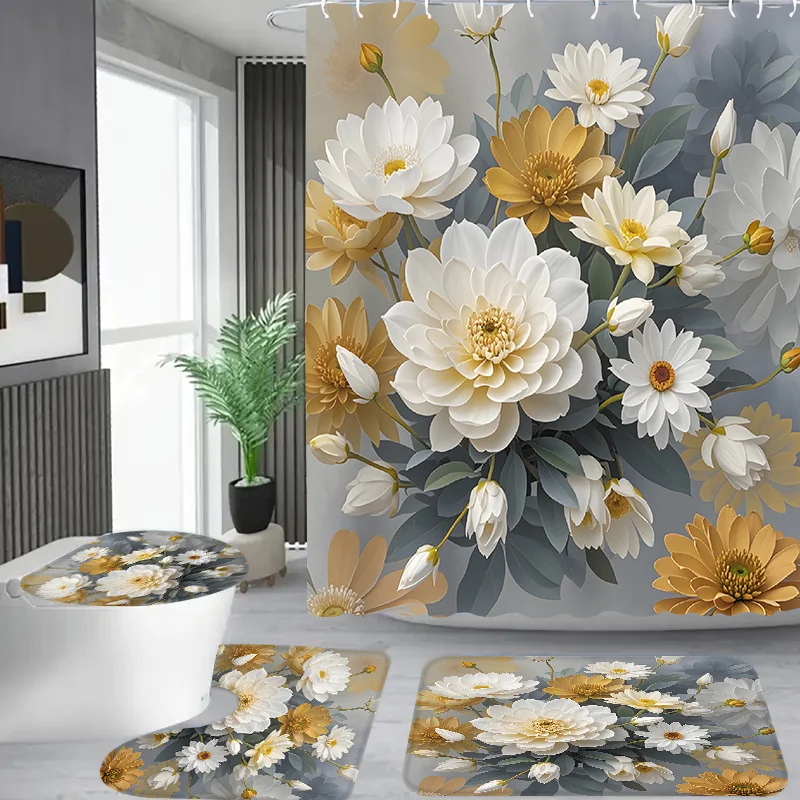 

4 шт. элегантный простой узор с золотыми цветами, ванная комната в квартире, занавеска для душа в душевой комнате, комплект занавесок для душа в отеле, с